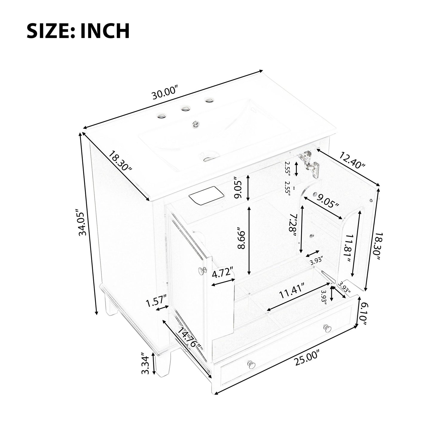 30" Bathroom Vanity With Sink Combo, Multi Functional Bathroom Cabinet With Doors And Drawer - Black