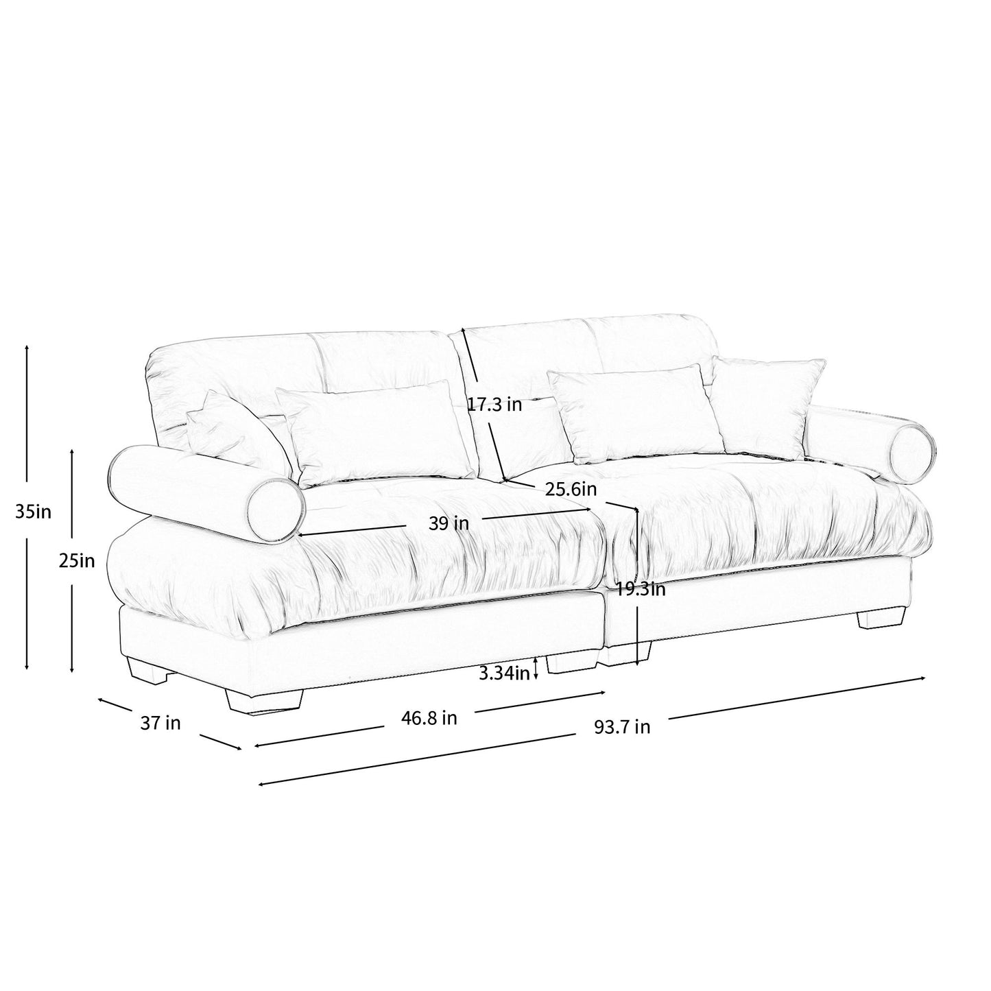 Modern Sofa With Bolstered Armrests And Pillows