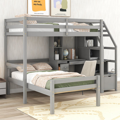 Loft Bed With Stand Alone Bed, Storage Staircase, Desk, Shelves, And Drawers
