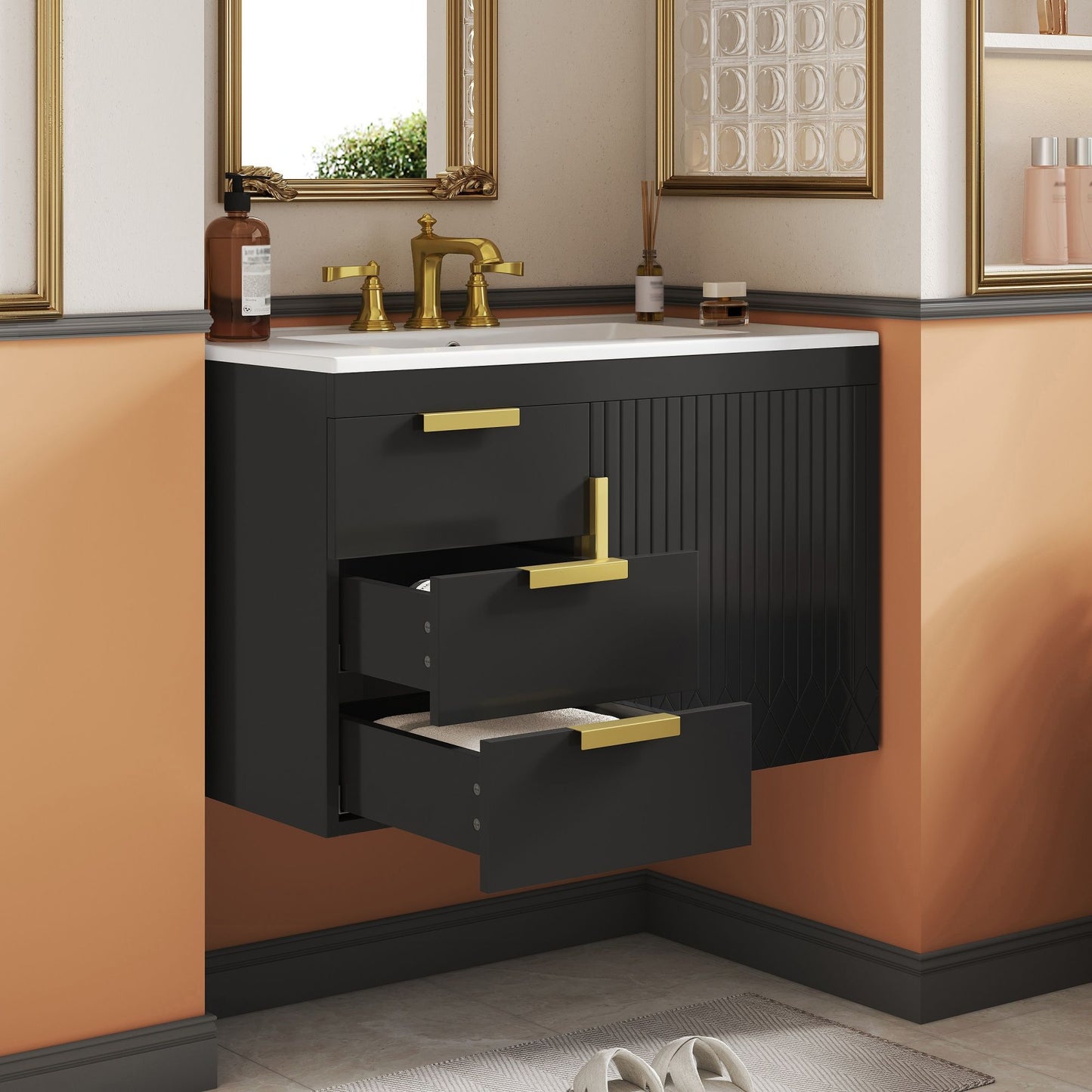 Modern Wall Mounted Bathroom Cabinet With Ceramic Sink, Soft-Closing Drawer And Door