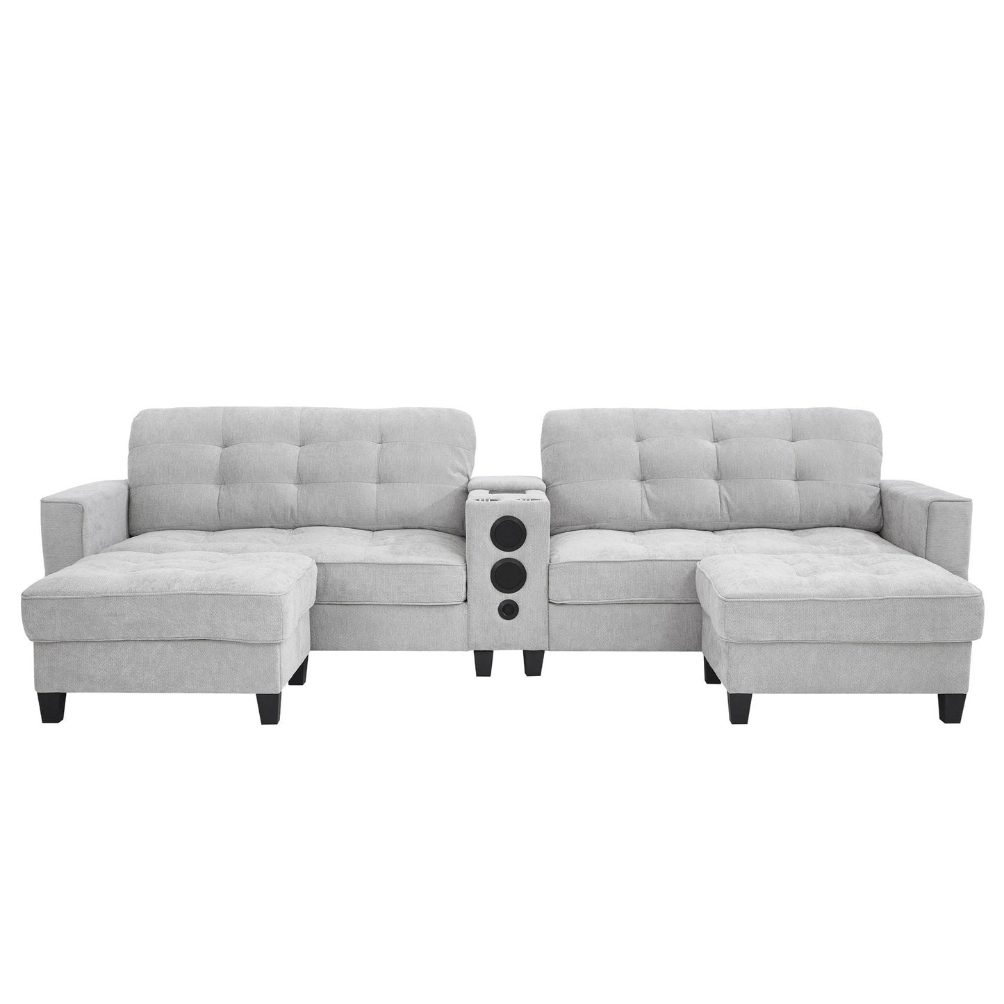 Modern Sectional Sofa U-Shaped With Movable Ottomans, tooth Speakers, LED Lights And Modular Storage