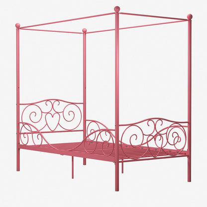Twin Canopy Bed With Heart Scroll Design And Finial Posts - Pink