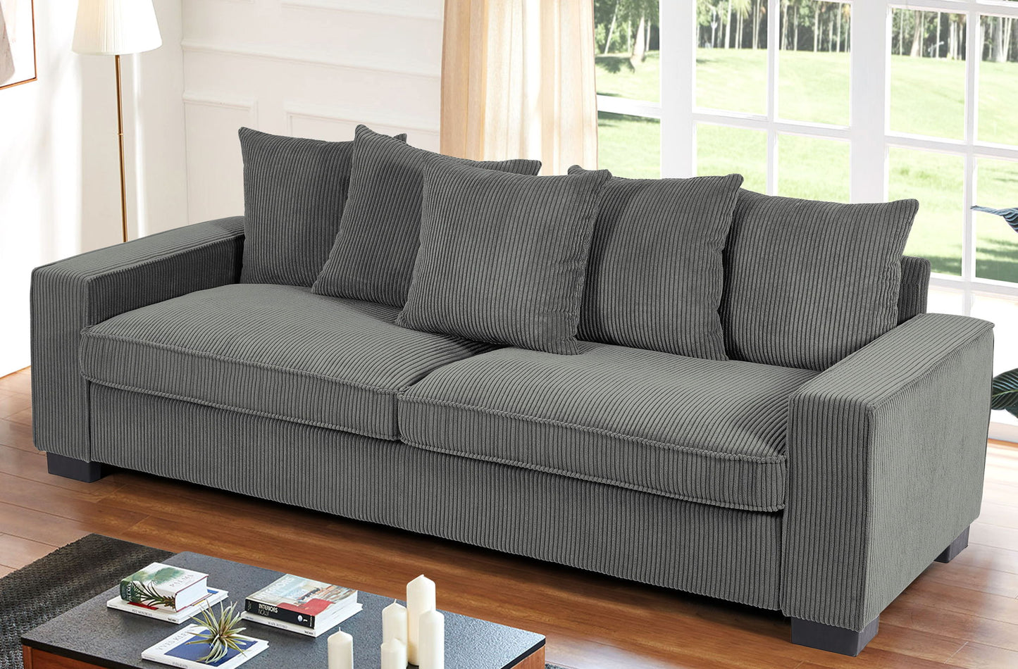 Luxe Sofa With 5 Matching Toss Pillows, Sleek Design, Spacious And Comfortable 3 Seater Couch