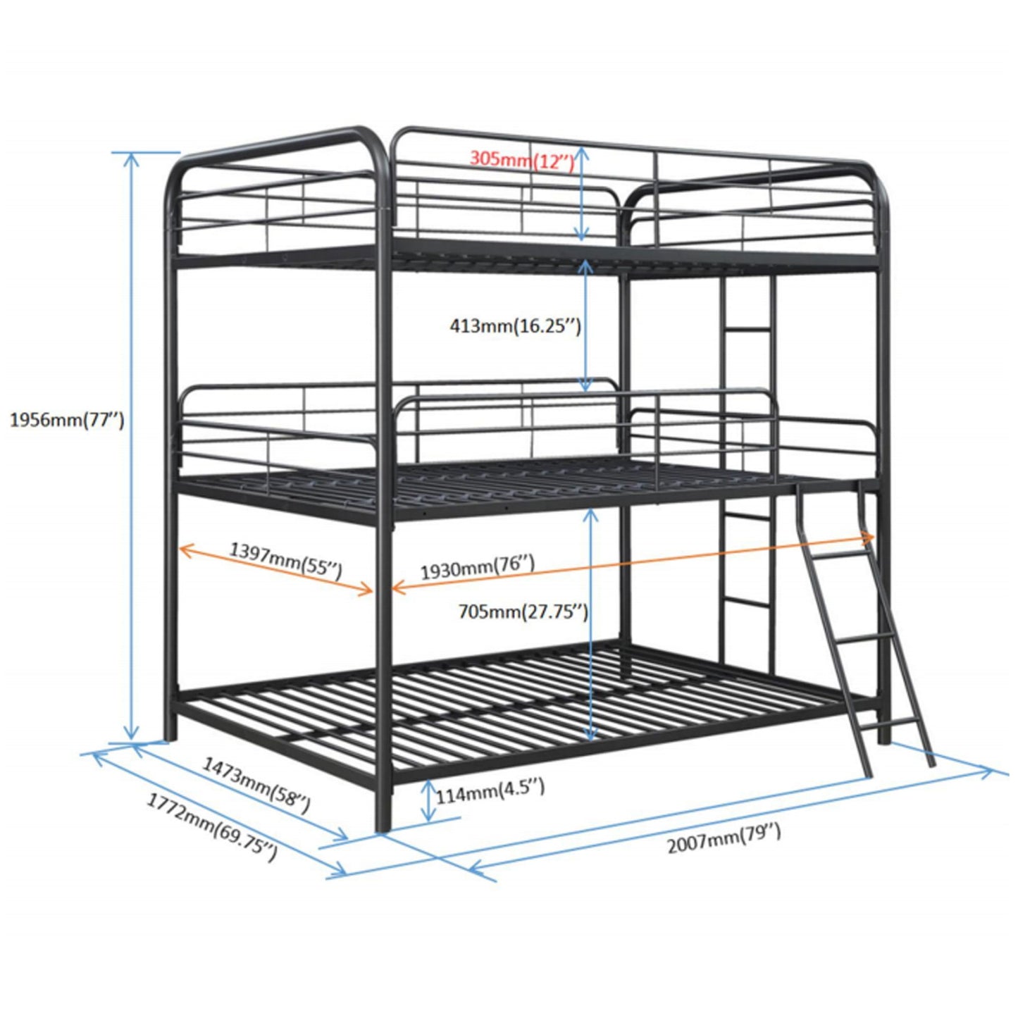 Triple Bunk Bed, Full Size With Sturdy Metal Frame And Safe Stairs - Black