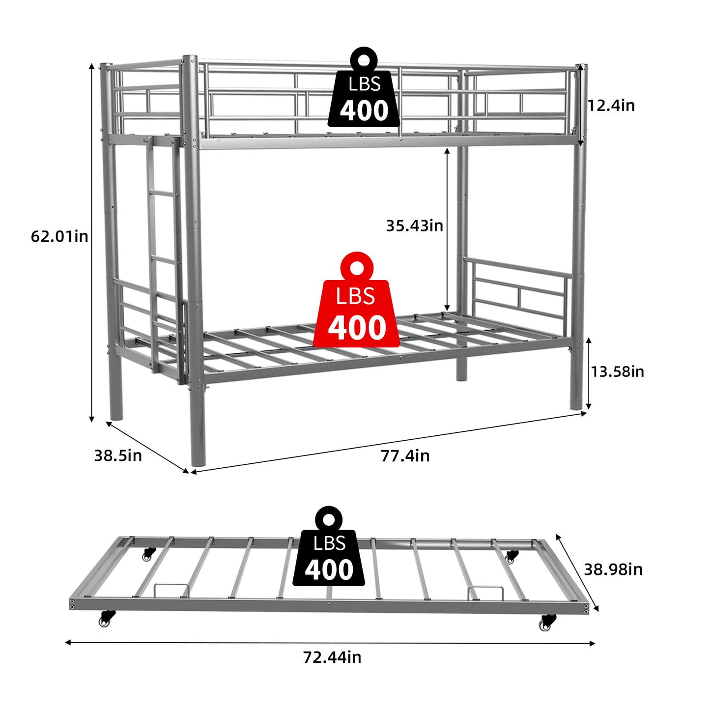 Bunk Bed For Kids, Convertible Frame With Ladders & Guardrail