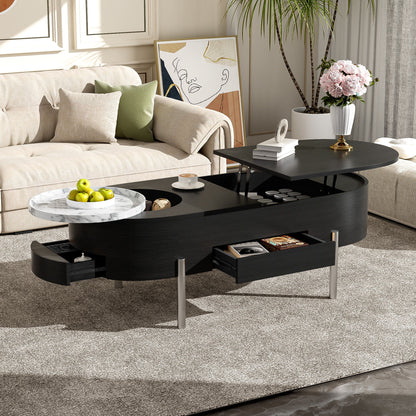 Lift Top Coffee Table With 360 Degree Marble Patterned Rotating Tray