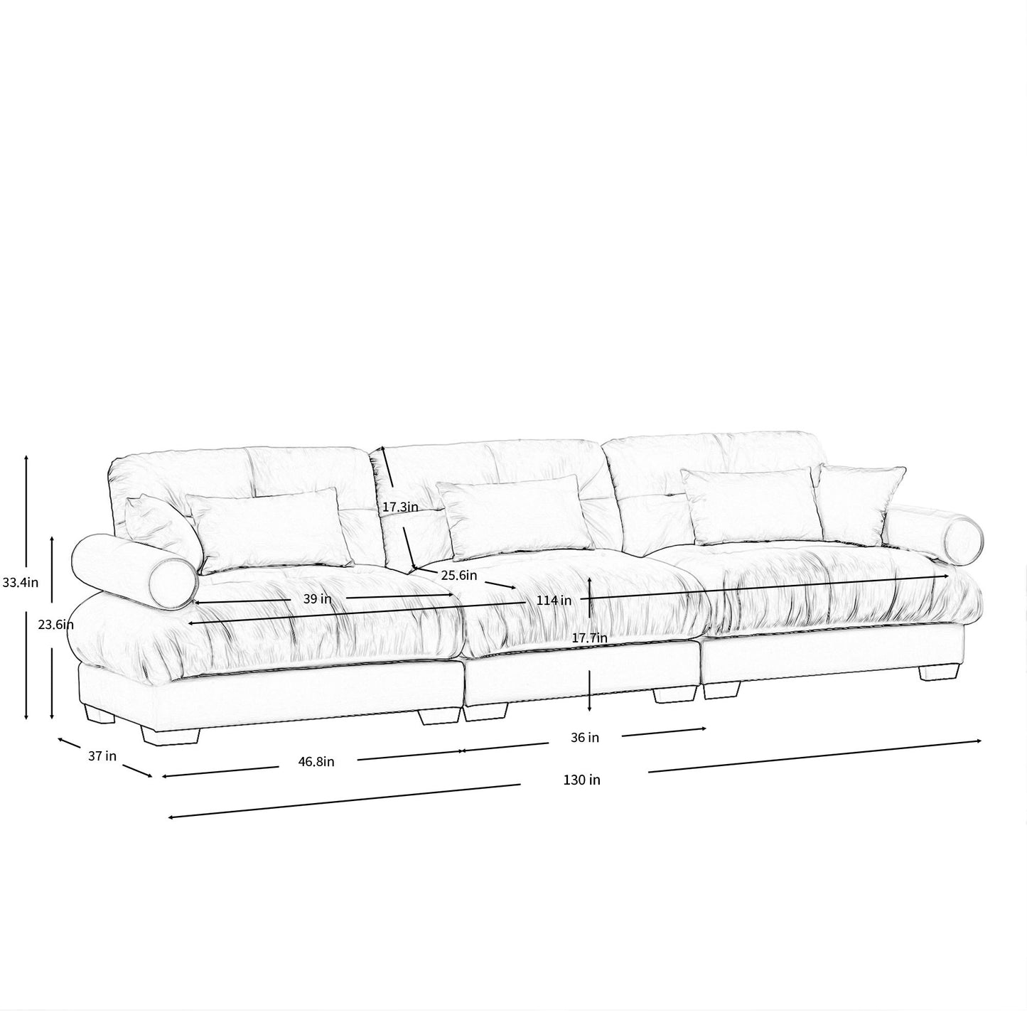 Modern Sofa With Bolstered Armrests And Pillows