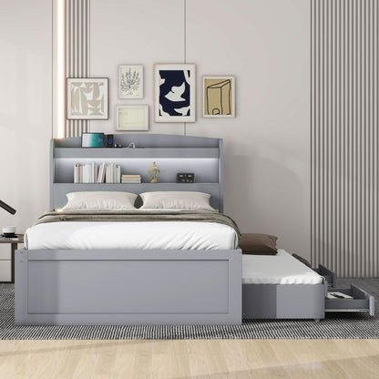 Platform Bed With LED Headboard, Charging Station, Trundle And 2 Drawers