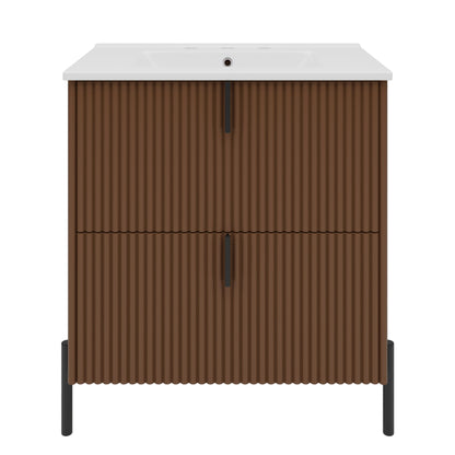 Fluted Bathroom Vanity With Ceramic Sink, Freestanding Design