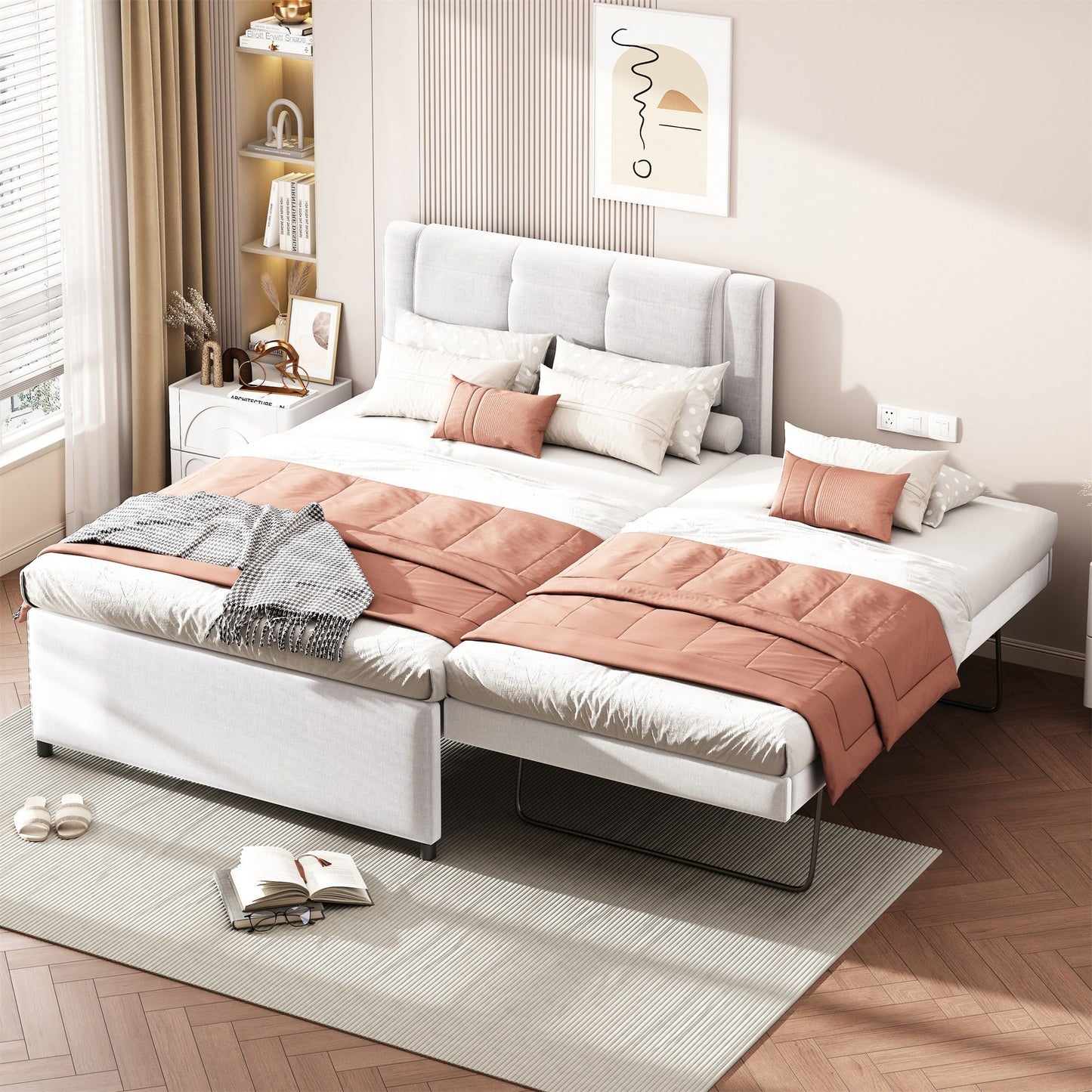 Upholstery Platform Bed With Trundle,Trundle Can Be Flat Or Erected