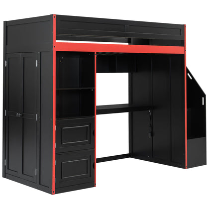 Gaming Loft Bed With Desk And Storage, LED Lights