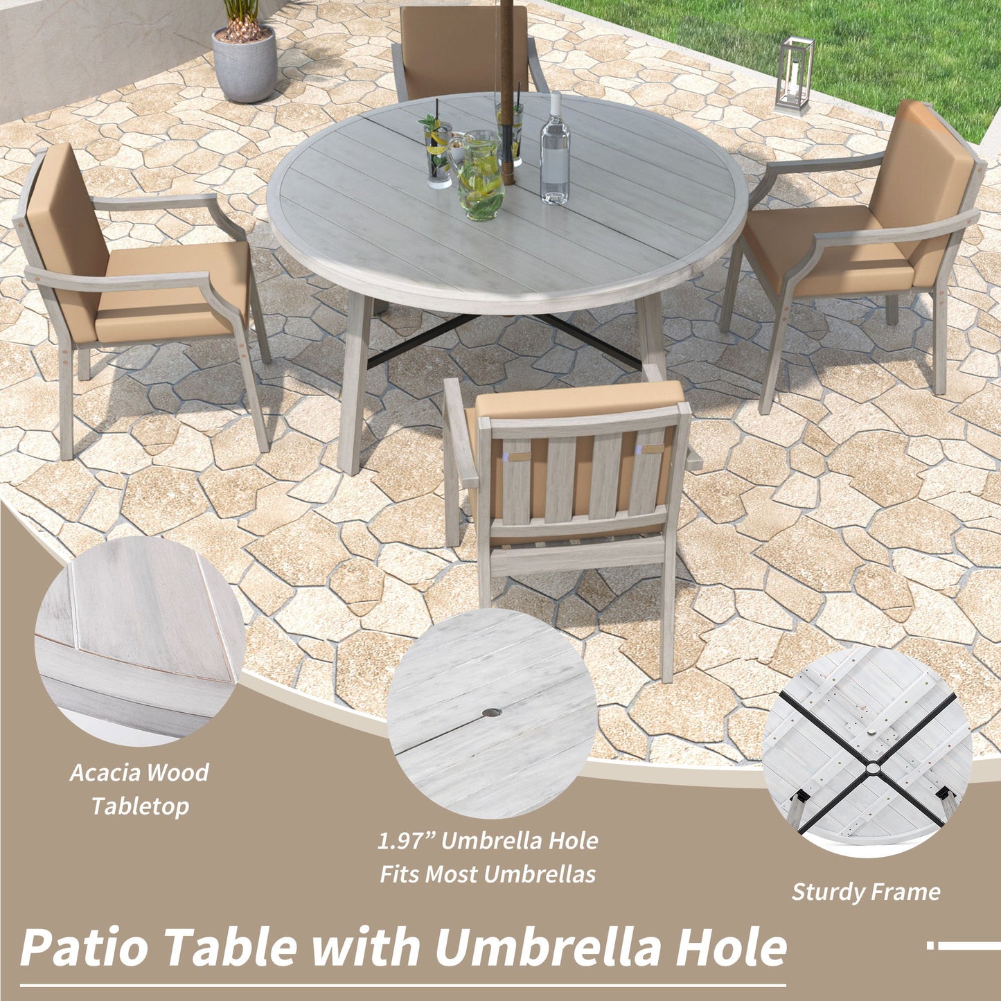 4 Person Outdoor Dining Set With Umbrella Hole And Removable Cushions For Patio - Gray