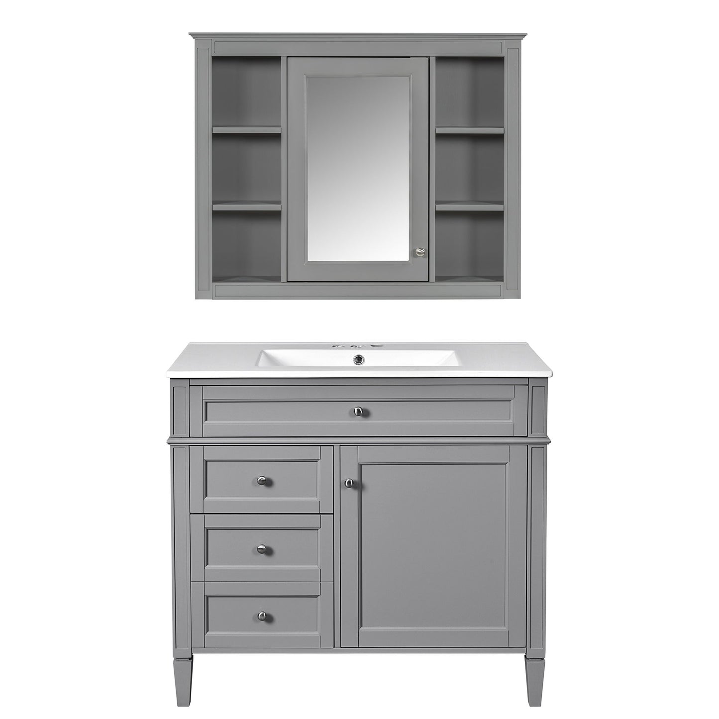 Bathroom Vanity With Mirror Cabinet, Single Sink With 2 Soft Closing Doors And 4 Drawers