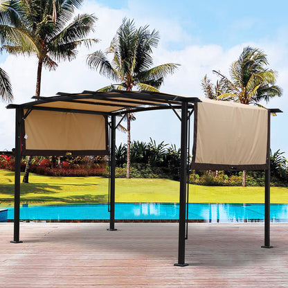 Outdoor Patio Pergola Gazebo - Steel Frame Sun Shelter With Retractable Canopy