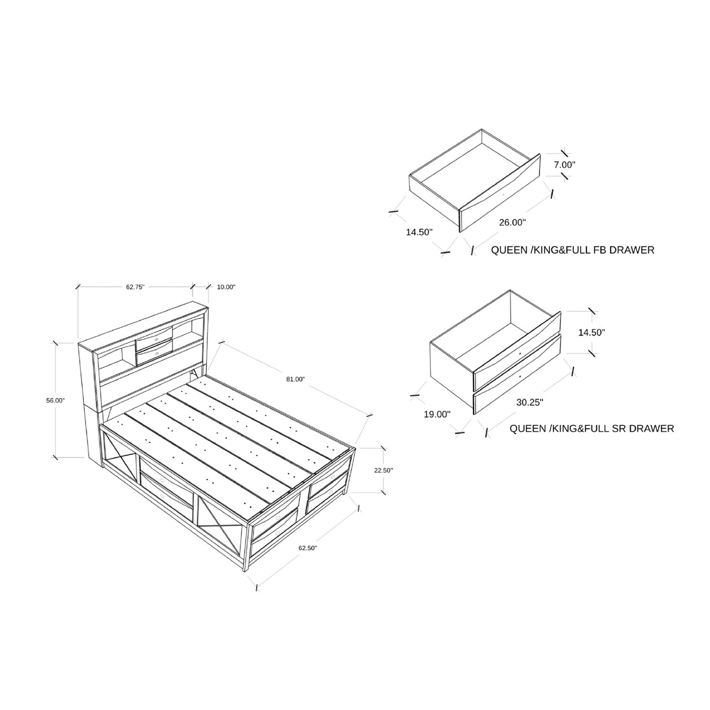 Lucille - 5 Piece Bedroom Set With Storage Drawers And Bookcase Headboard