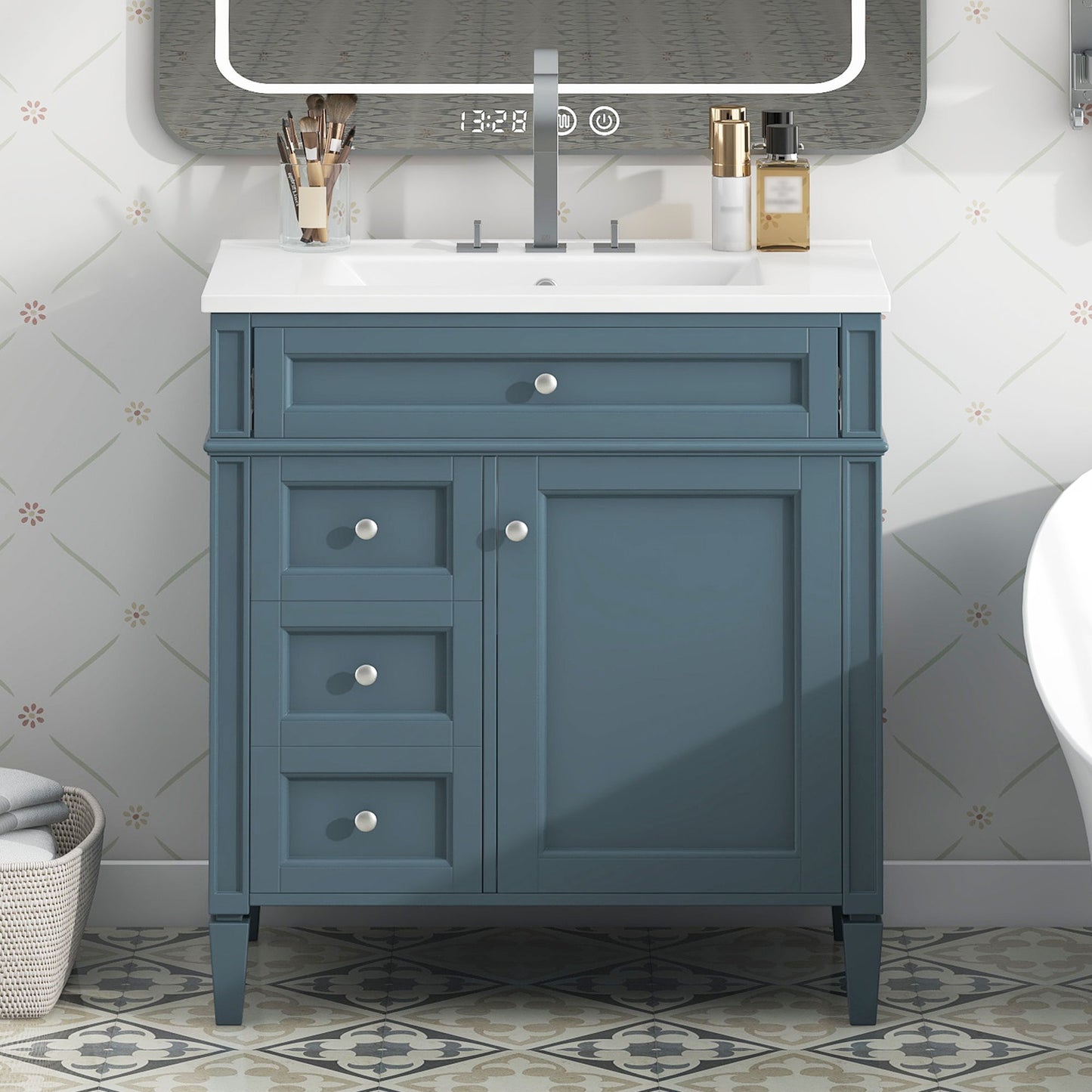 Bathroom Vanity With Top Sink, Storage Cabinet With 2 Drawers And Tip Out Drawer, Rectangular Design - Blue