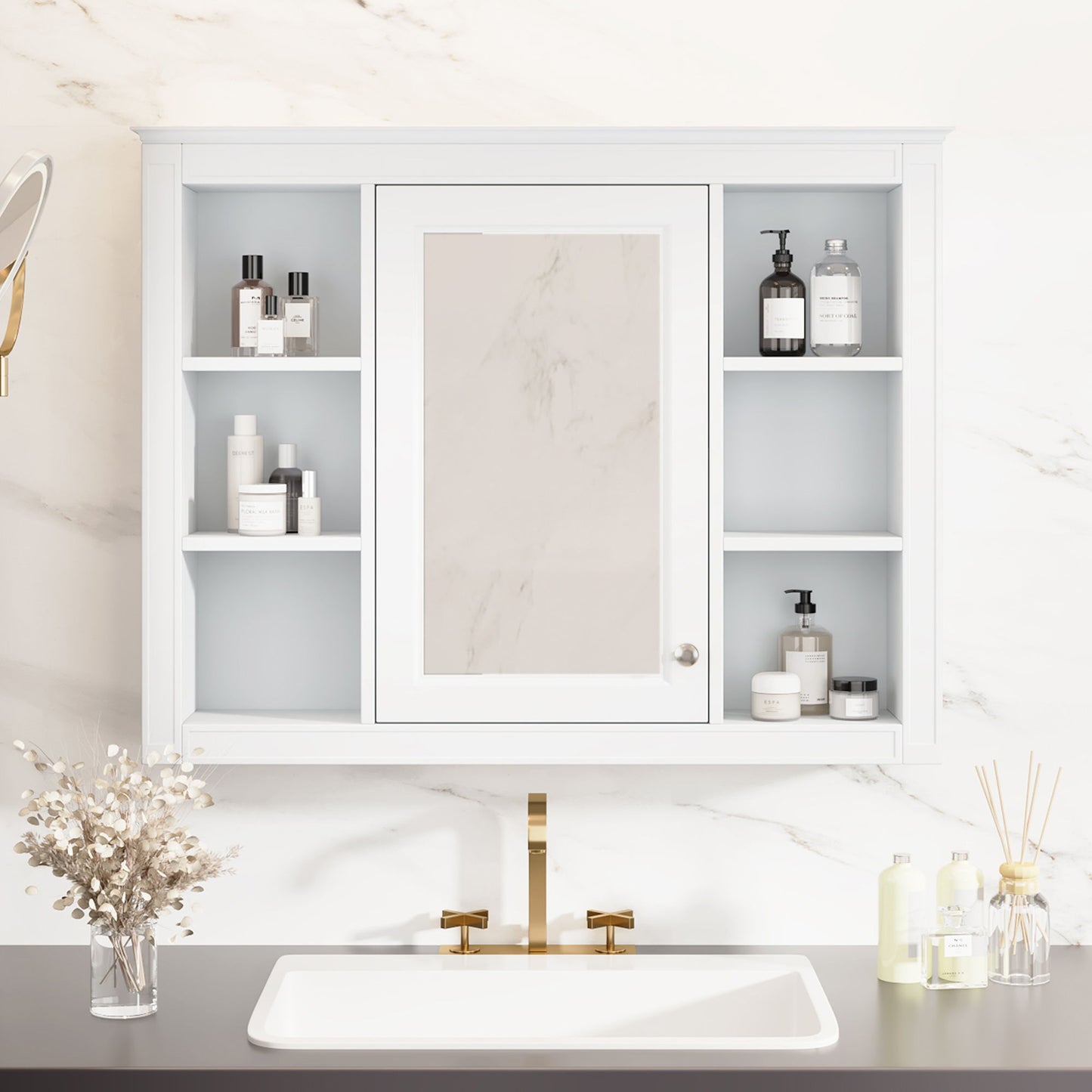 Wall Mounted Medicine Cabinet With Mirror, Storage Cabinet Featuring 6 Open Shelves And Adjustable Interior