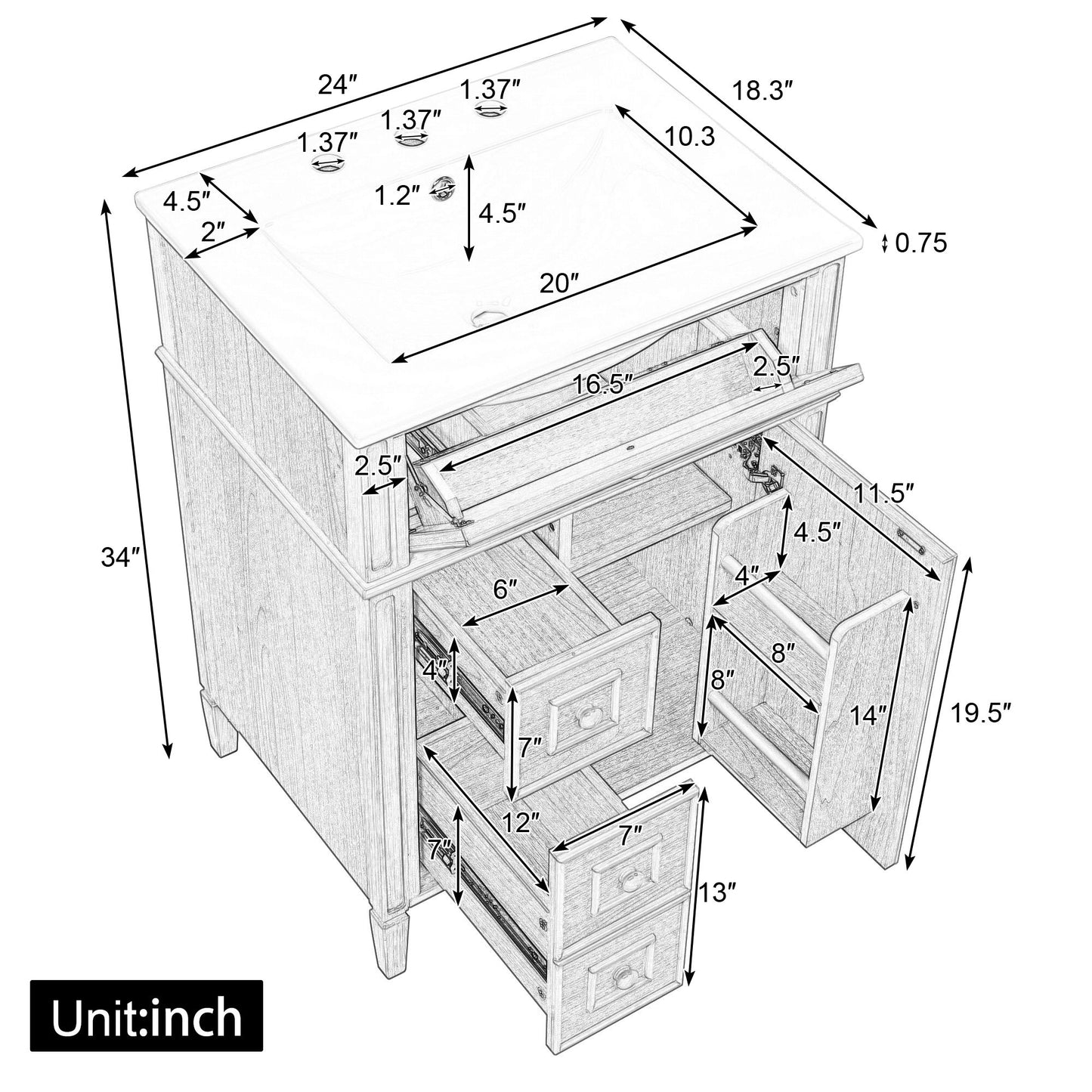 Bathroom Vanity With Sink, Cabinet With Flip Out Drawer, 2 Soft Close Drawers, 1 Soft Close Door - Wood