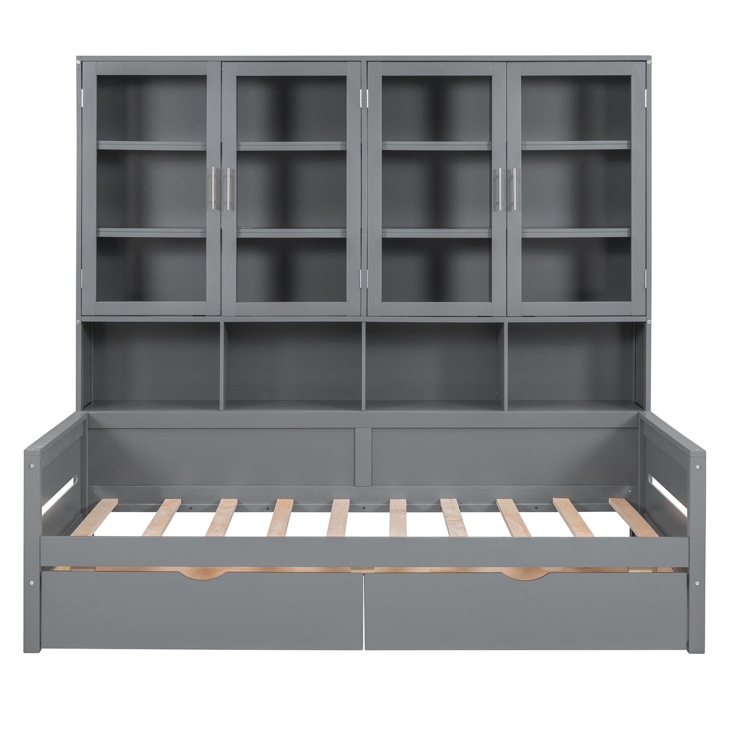 Daybed With Glass Door Storage Cabinets, Built In LED Lighting And Shelves