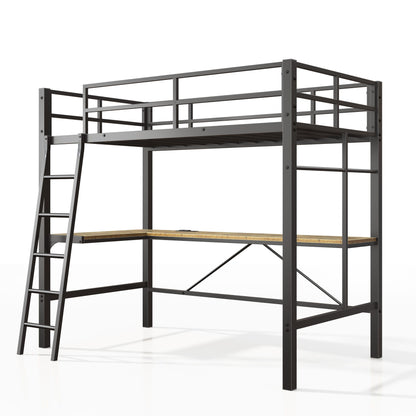 Twin Metal Loft Bed With L - Shaped Desk, Charging Station Loft Bed Frame Twin Size, Safety Guard & Ladder, No Box Spring Needed - Black