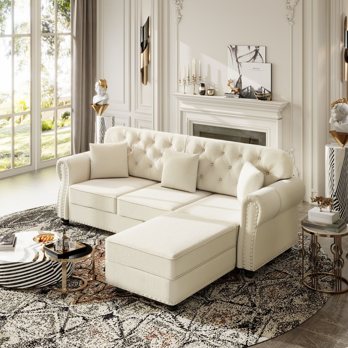 Upholstered 3 Seater Sofa Set With Ottoman