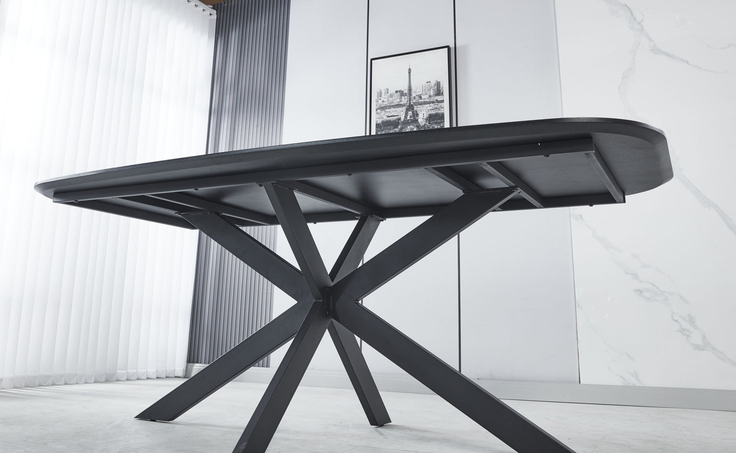 Modern Dining Table, MDF With Paper Finish, Metal Leg Powder Coating - Gray / Black