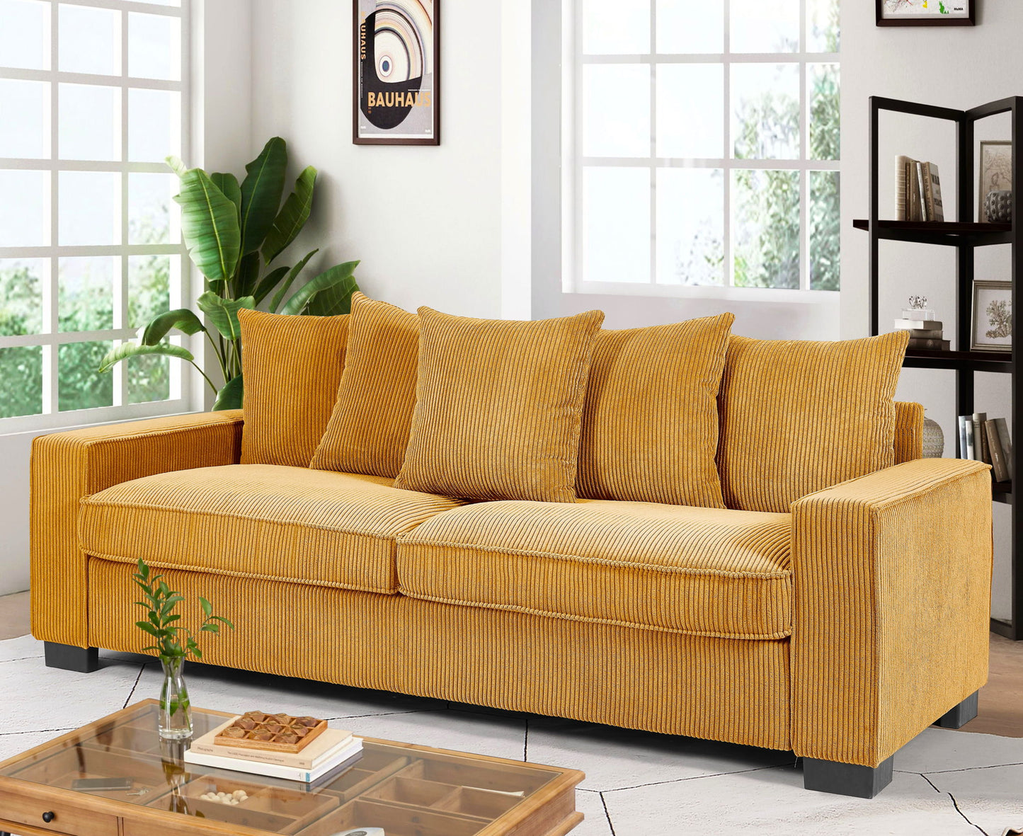 Luxe Sofa With 5 Matching Toss Pillows, Sleek Design, Spacious And Comfortable 3 Seater Couch