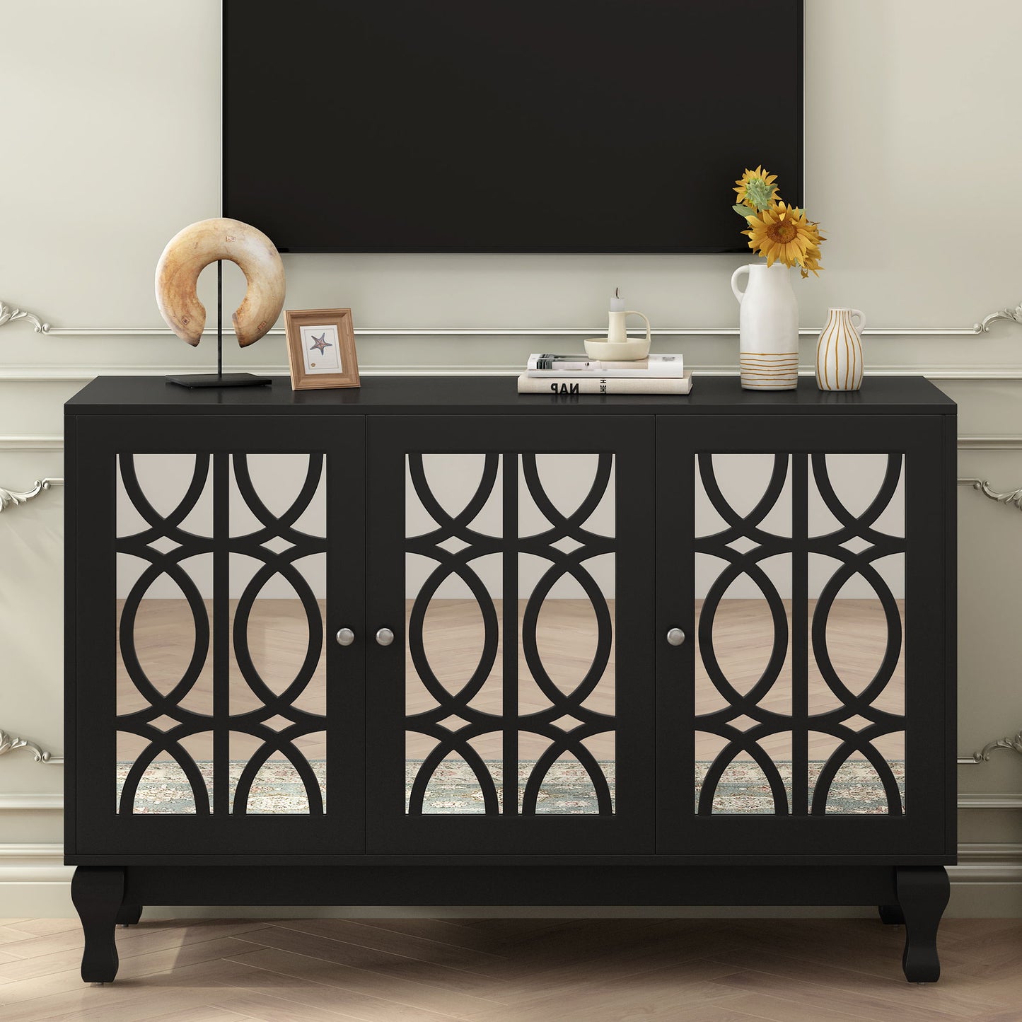 Modern Mirrored TV Stand, 3 Adjustable Shelves For Living Room