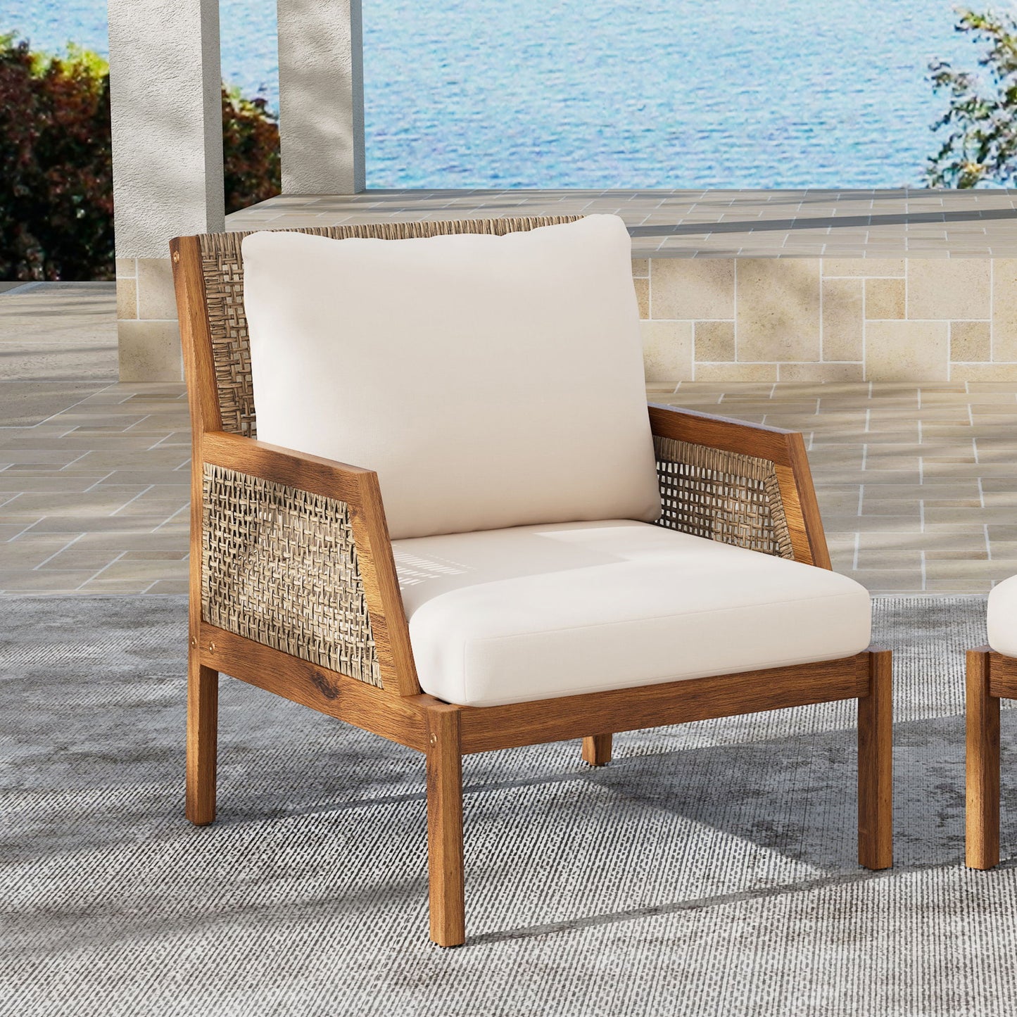 Acacia Wood Patio Furniture Club Chair, Outdoor Wicker Armchair, Deep Seating With Soft Cushions For Porch - Teak / Mix Brown