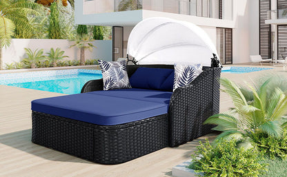 Outdoor Sunbed With Adjustable Canopy, Daybed With Pillows, Double Lounge, PE Rattan Daybed