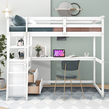 Modern Loft Bed With Built In Desk, Shelves, And 2 Drawers