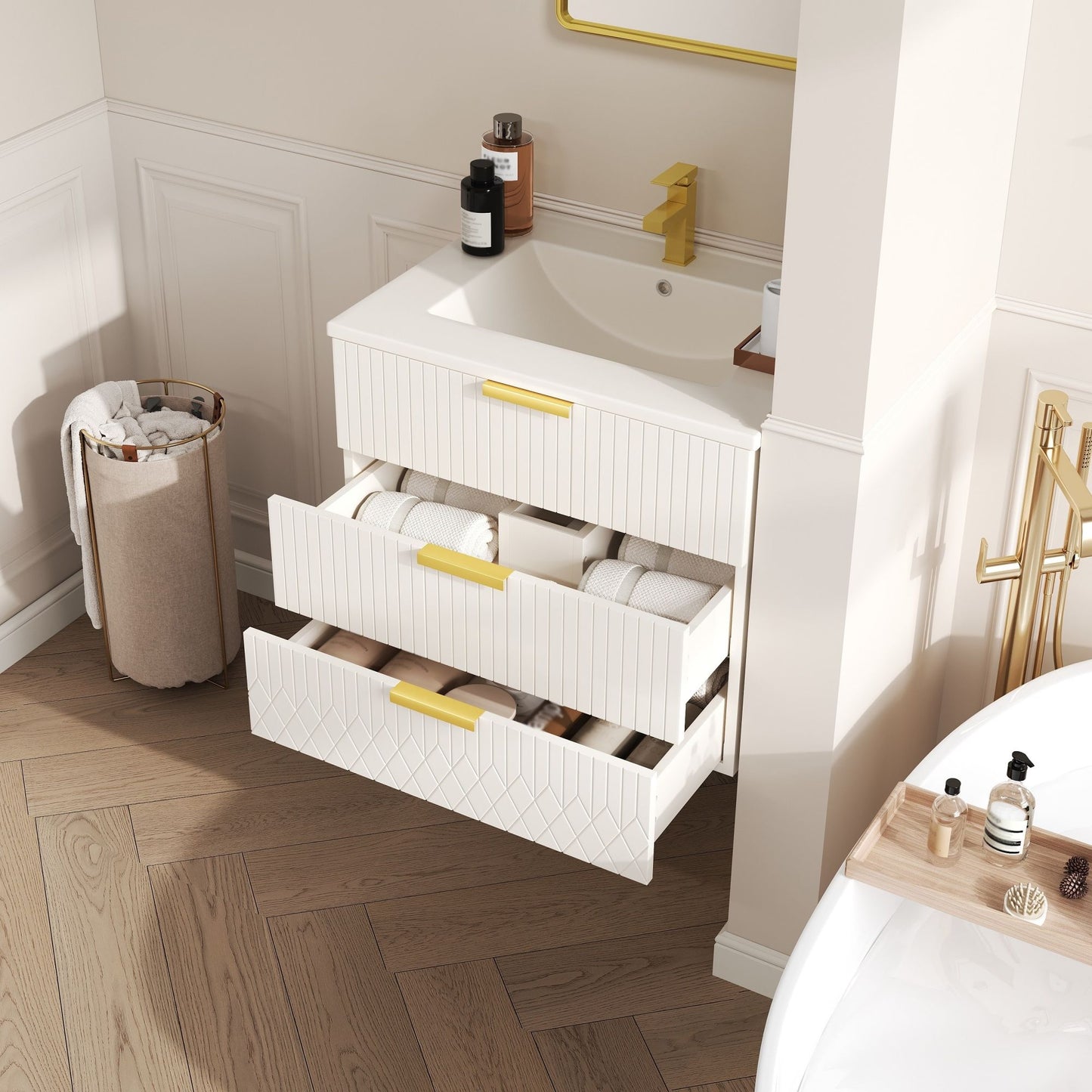 Wall Mounted Floating Cabinet With Double Drawer, Rectangular Sink