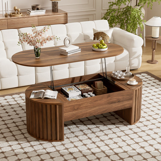 Lift Top Coffee Table With Hidden Compartment, Partially Assembled Wooden Center Table, Modern Oval Lift Tabletop For Home Living Room - Brown