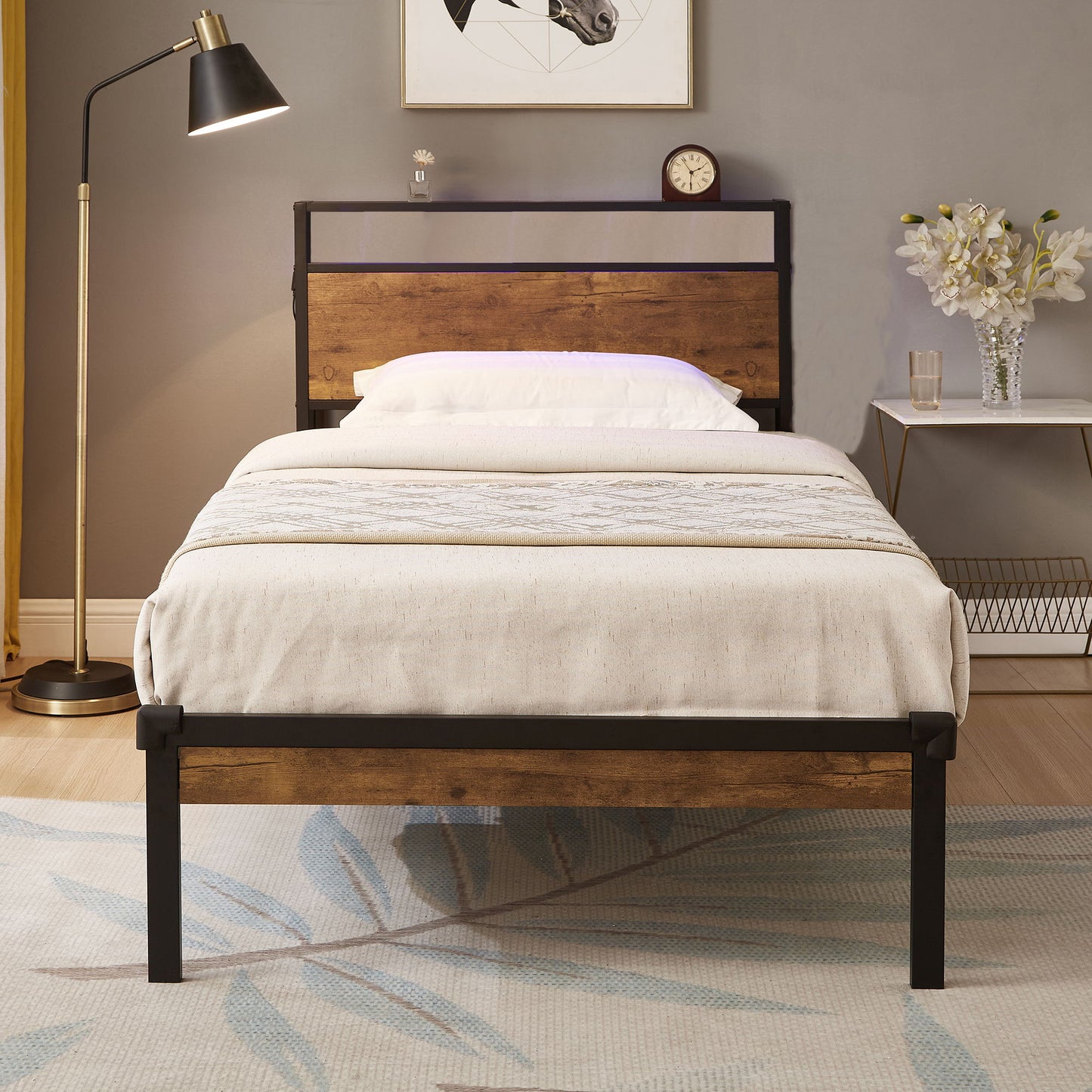 Metal Platform Bed Frame With Wooden Headboard And Footboard With USB Liner, No Box Spring Needed, Under Bed Storage