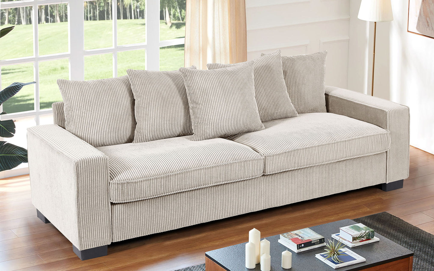 Luxe Sofa With 5 Matching Toss Pillows, Sleek Design, Spacious And Comfortable 3 Seater Couch