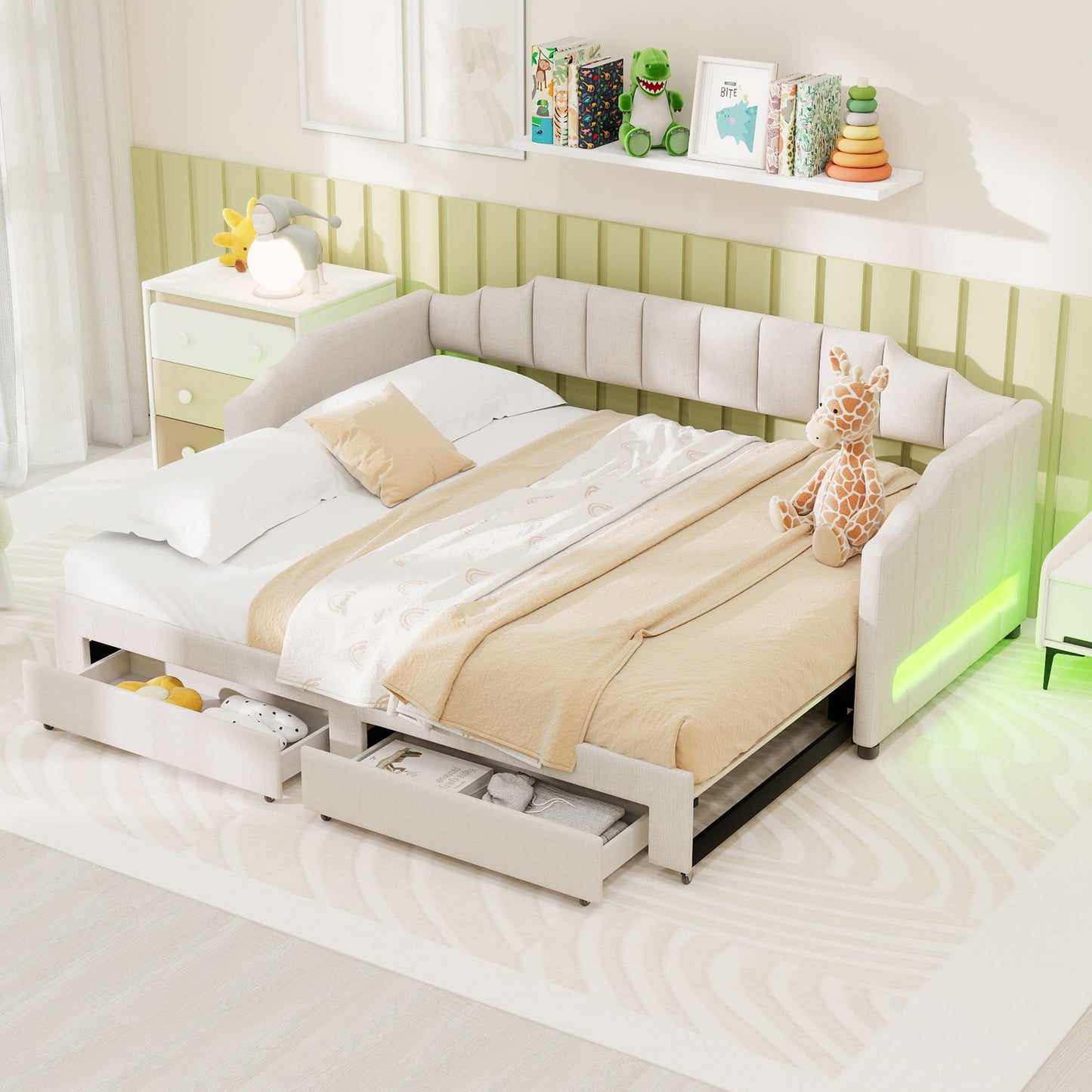 Extendable Daybed With LED Light And 2 Storage Drawers