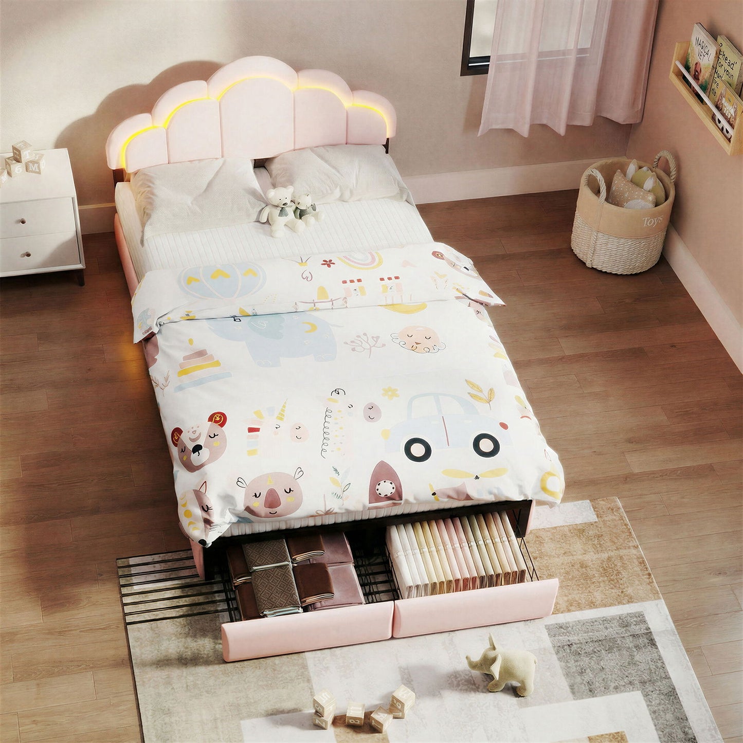 Full RGB LED Upholstered Platform Bed With Petal Headboard And Storage Drawers For Kids Bedroom - Pink