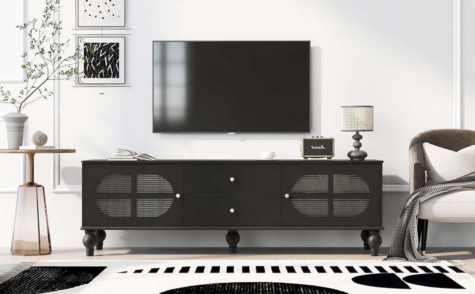 Modern TV Stand For TVs Up To 75" With Fluted Glass Doors