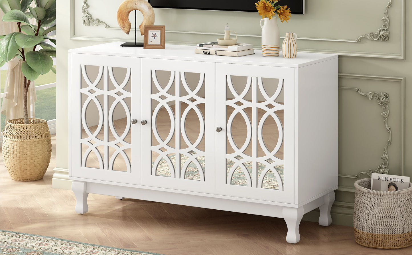 Modern Mirrored TV Stand, 3 Adjustable Shelves For Living Room