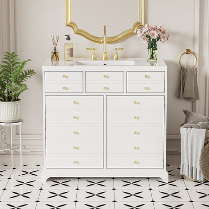 Retro Bathroom Vanity With Sink, Storage Cabinet, Freestanding With 2 Drawers & Soft-Closing Doors