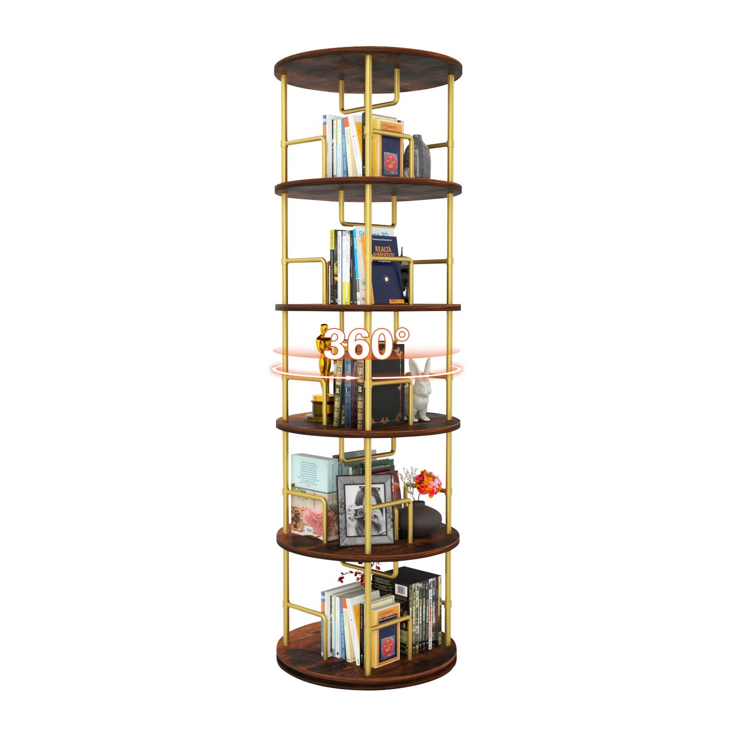 5 Tier 360 Rotating Bookshelf, Display Round Floor Standing Swivel Bookcase For Bedroom - Golden