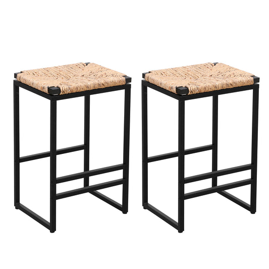 (Set of 2) Backless Water Hyacinth Woven Bar Stools With Footrest, Natural Finish, Metal Frame, 25 Inch Height
