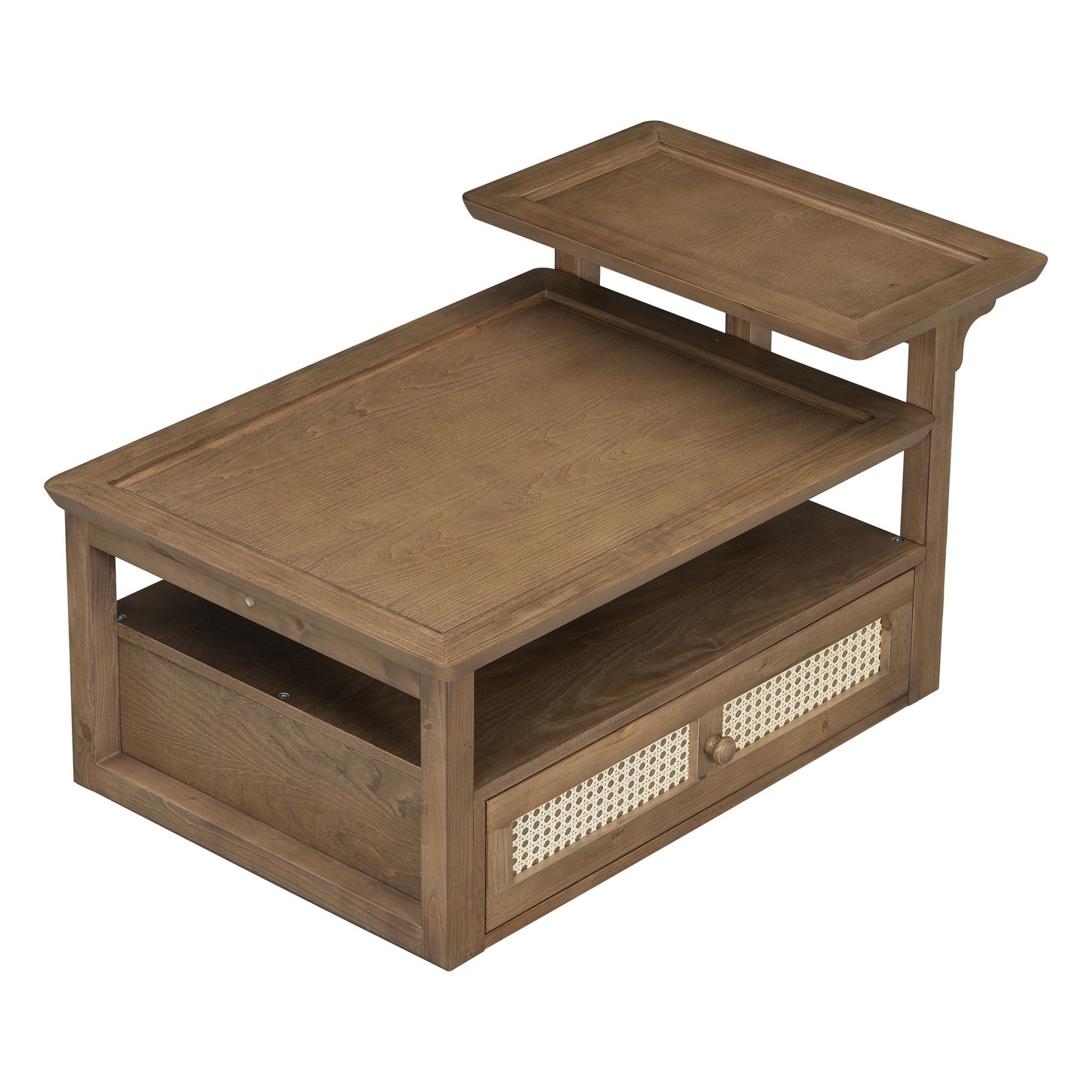 Coffee Table With 1 Storage Shelf, 2 Tabletops And 1 Rattan Drawer