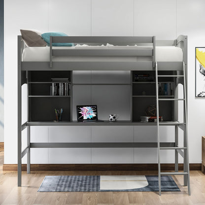 Loft Bed With Storage Shelves, Desk And Ladder