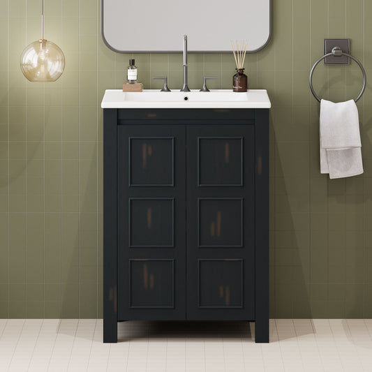 Vintage Style Small Bathroom Vanity Combo With Ceramic Sink, 2 Soft-Close Doors - Espresso