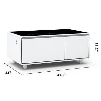 Modern Smart Coffee Table With Built-In Fridge - tooth Speaker, Wireless Charging, Touch Control Panel, USB Interface, Outlet Protection, Atmosphere Light