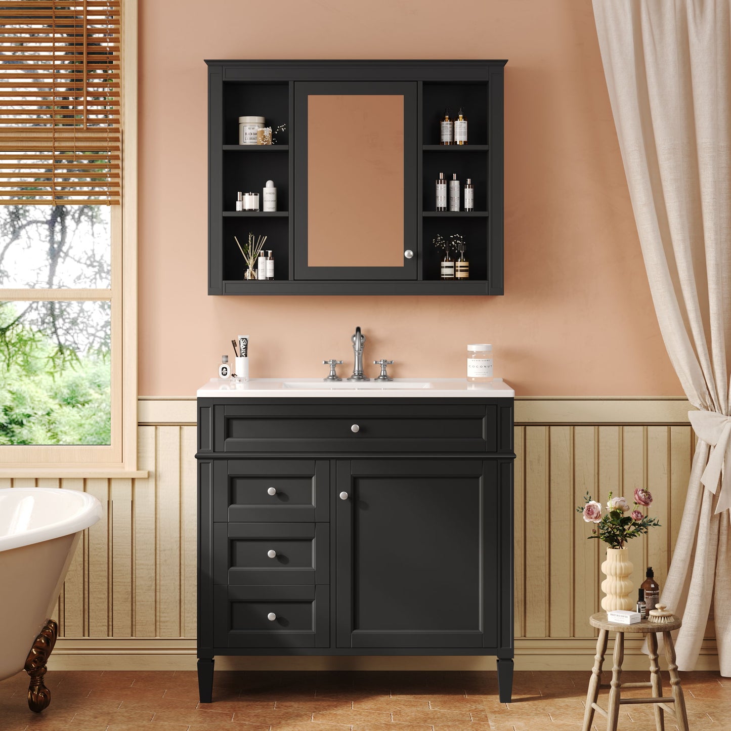 Bathroom Vanity With Mirror Cabinet, Single Sink With 2 Soft Closing Doors And 4 Drawers