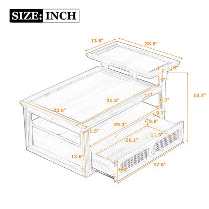 Coffee Table With 1 Storage Shelf, 2 Tabletops And 1 Rattan Drawer