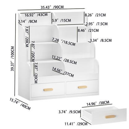 Bookshelf With 2 Storage Drawers, Front Facing Bookcase And Toy Organizer, Multi Tier Reading Shelf - White