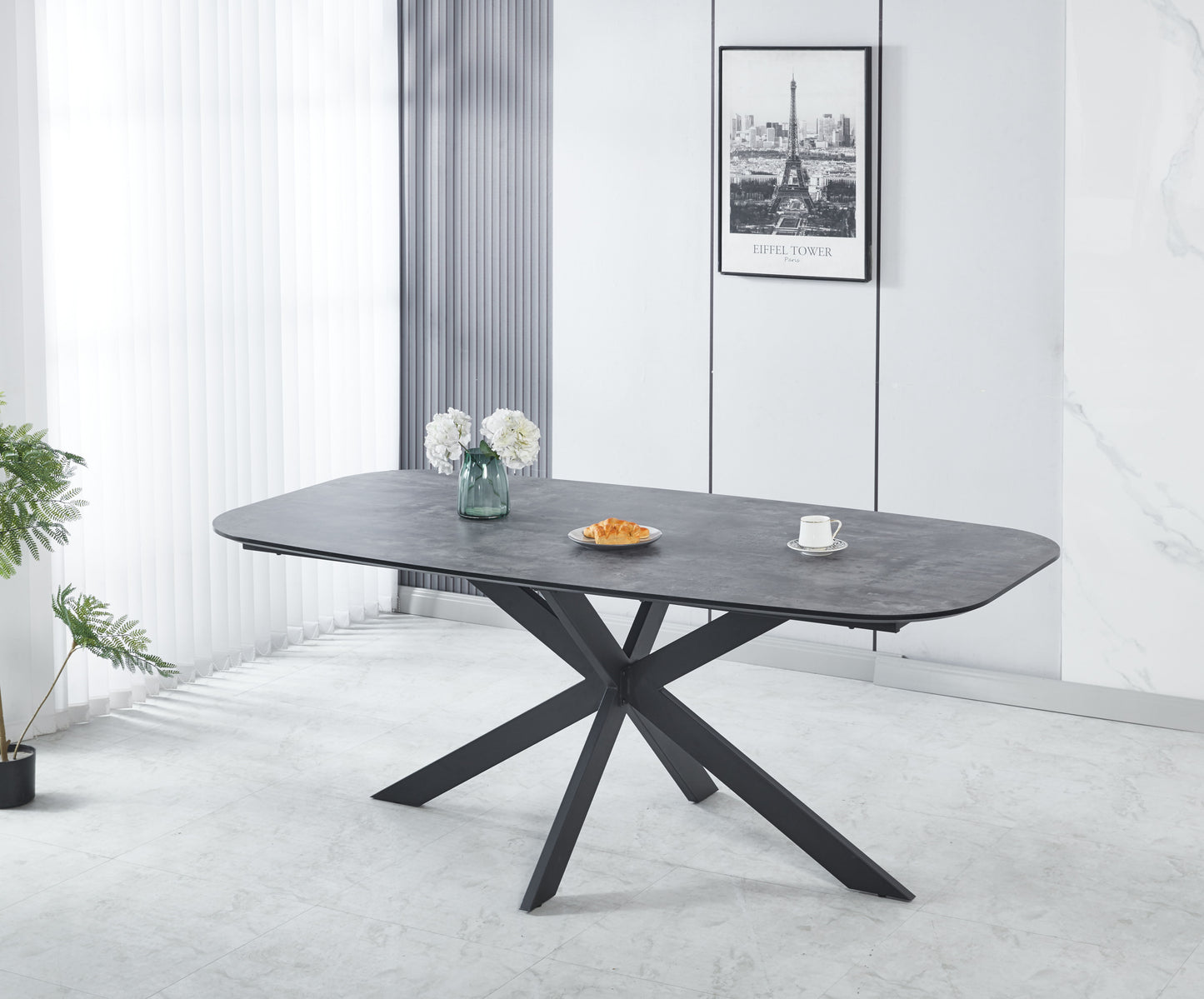 Modern Dining Table, MDF With Paper Finish, Metal Leg Powder Coating - Gray / Black